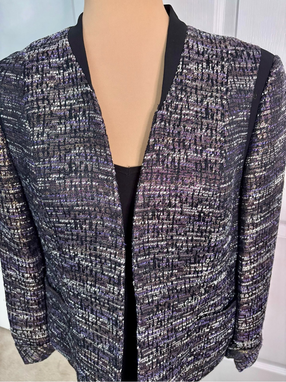 Kasper Tweed Open Front Jacket 12P Black Gold Purple Cream Like New
